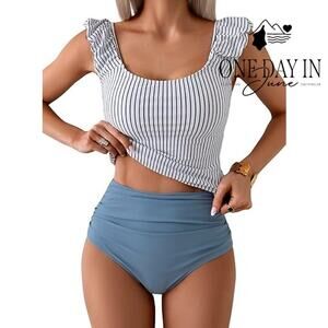 Eomenie Ruffle Shoulder Twist Back Bikini Swimsuit Size XL